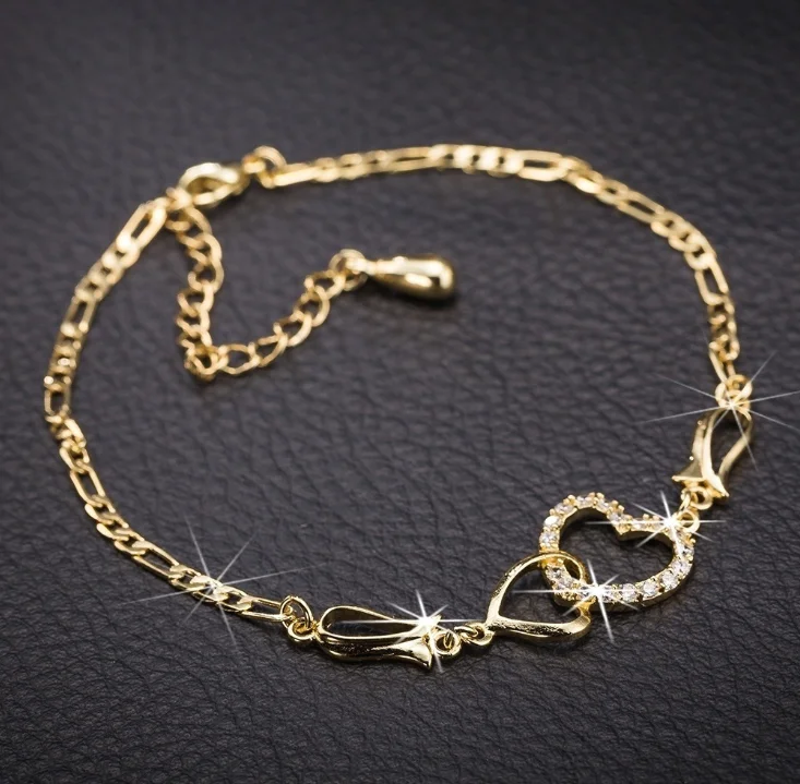 

High quality fashion zircon double heart shape diamond gold plated anklet, Picture