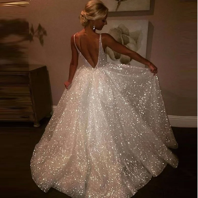 

Low price v neck evening dress sexy white sequin floor length princess dress women backless long plus size porm dress