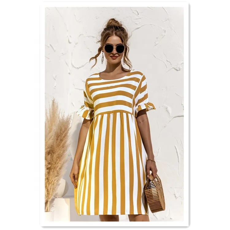 

2021 New Round Neck Flare Short Sleeve Stripe A Line Loose Print Panelled Mid Knee Summer Clothes Women Casual Dresses