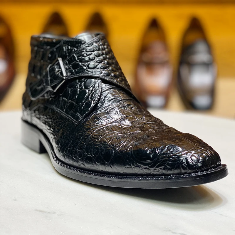 

Winter 2021Luxury Western Italian Designer Riding Crocodile Leather Men Fancy Dress Shoes Boots, Brown/black