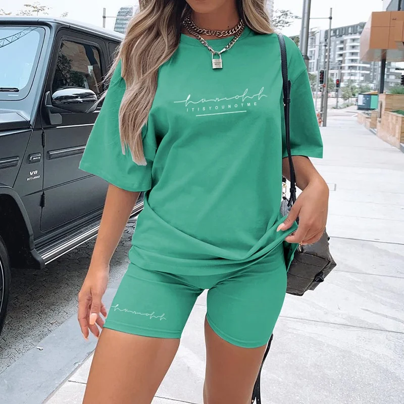 

2021 Women Streetwear Tracksuit 2 Piece Set Oversize-t Shirt Ladies Leggings Jogger Biker Shorts Set, Picture