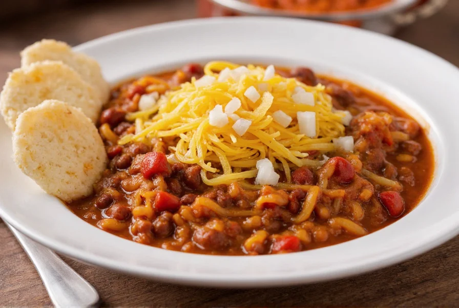 Authentic Cincinnati chili spaghetti served in a white bowl with shredded cheddar cheese melting over thin spaghetti, garnished with diced onions and oyster crackers