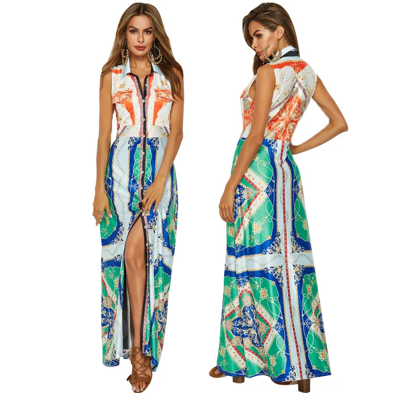 

rYD5222 New summer sleeveless green printed button V neck front slit maxi sun dresses for women casual vestidos