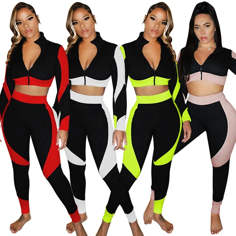 

Knit Ribbed Yoga Set For Women Color Block Two Piece Pants Set Sportswear