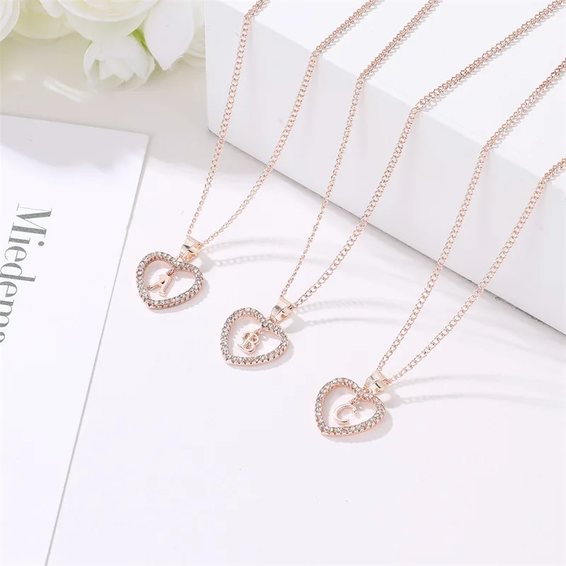 

Personalised Charm Girls Gift Rose Gold Plated Heart Pendant 26 Alphabet CZ Initial Letters Necklack