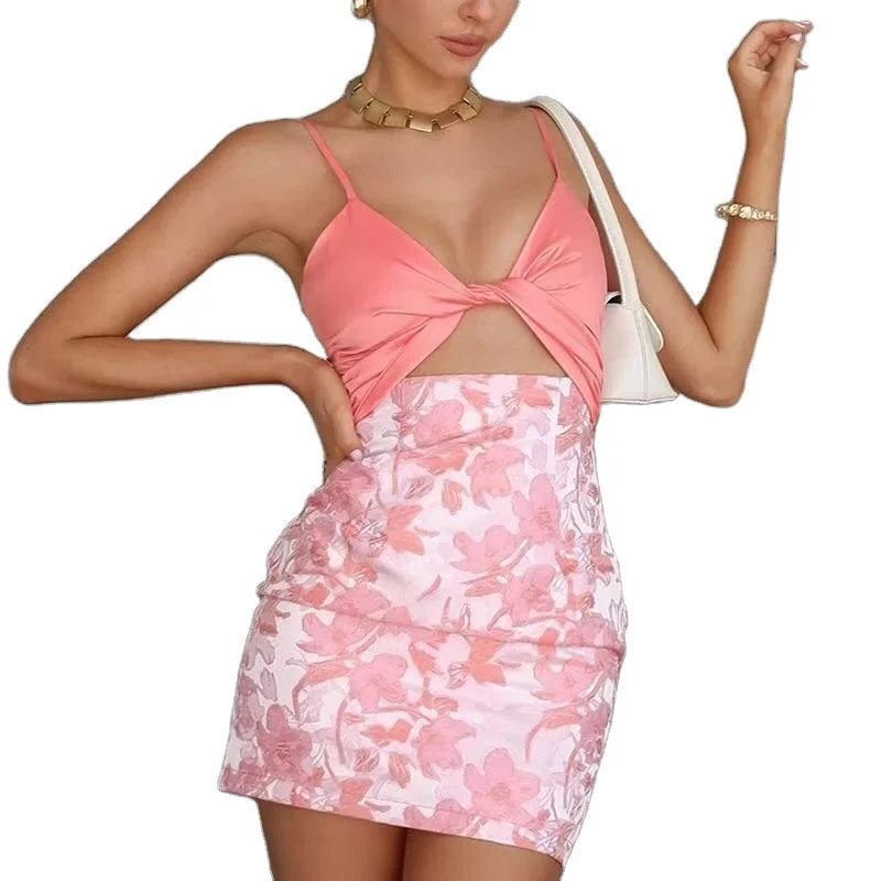 

Fashion Women's Suit Sexy Suspenders Small Vest Slim Body Wrap Hips Floral Skirt Two Pieces Suit