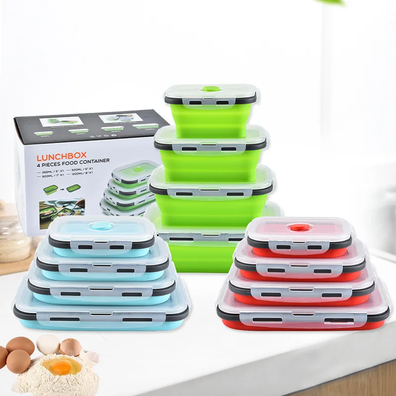 

Portable Dinnerware Multi Function Leakproof Collapsible Food Container Solid Colour Silicone Foldable Lunch Box, Blue, red, green, pink, grey blue
