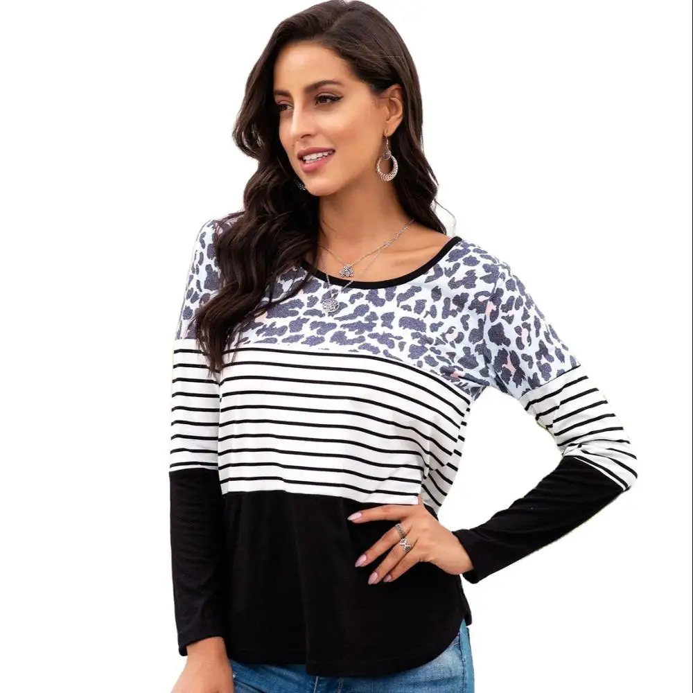 

Customized Striped Stitching Leopard Print Long Sleeve Women Round Neck T-shirt Top