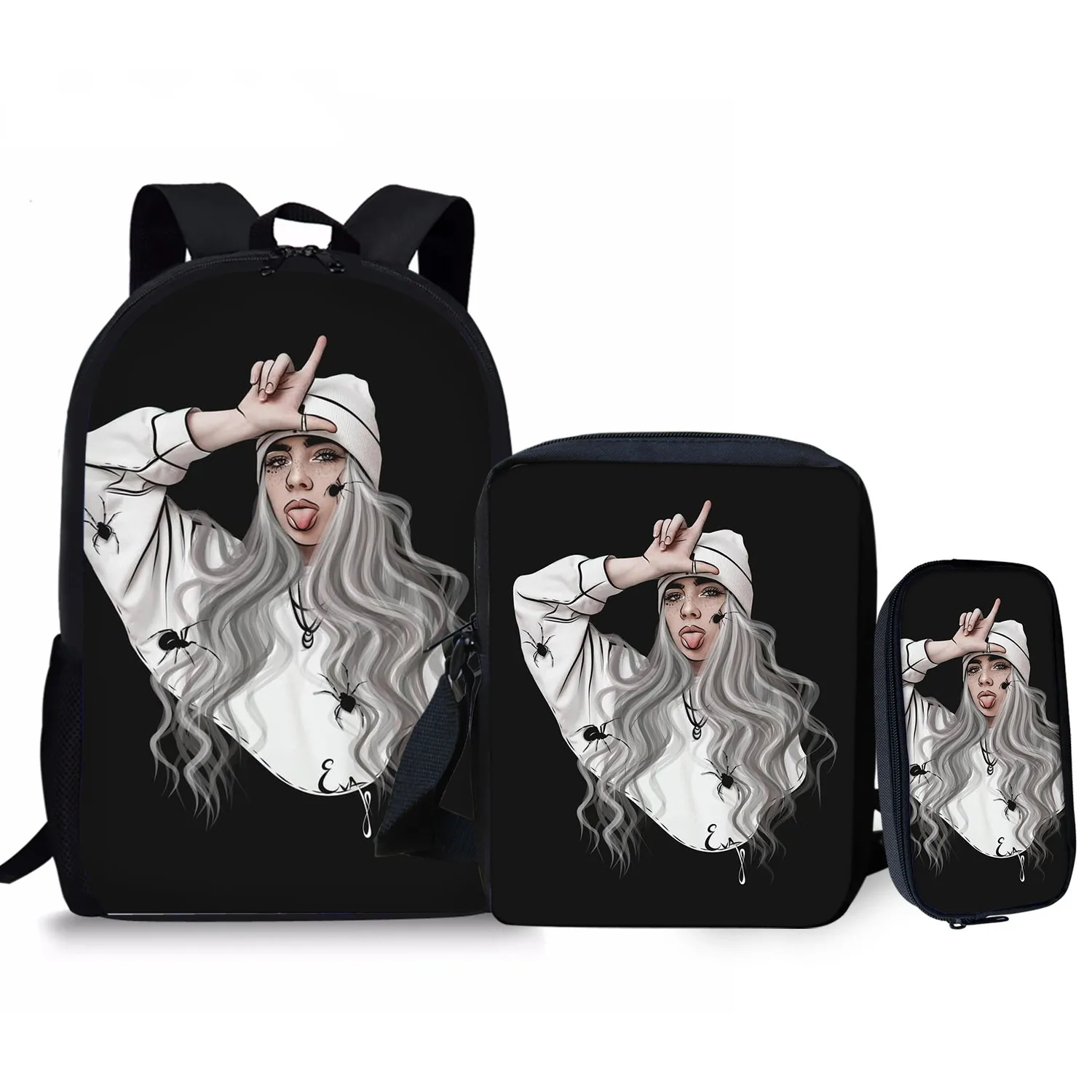 

Singer Rapper Hiphop Billie Eilish 3 Pcs/Set Backpacks School Bags Teenagers Girls Student Laptop Bag Pencil Case