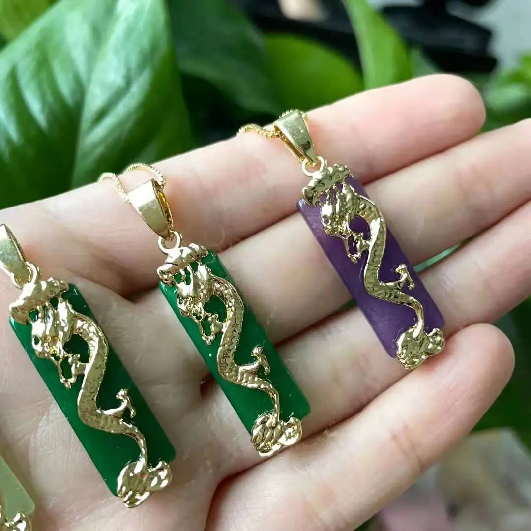 

jialin jewelry 2021ins Chinese wholesale green real stone agate men or women green jade dragon necklace gold