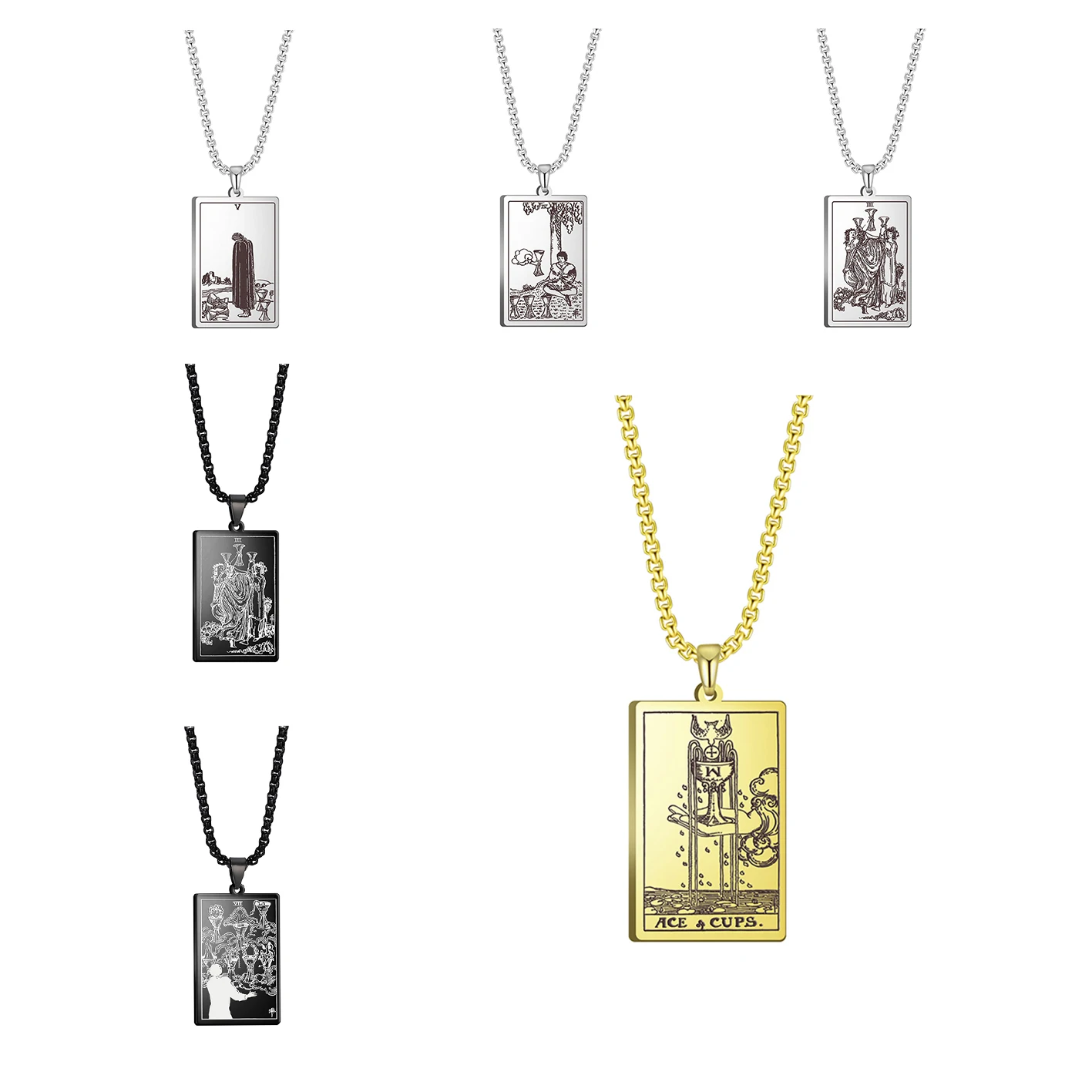 

Vintage Stainless Steel Tarot Card Deck Pendant Necklace Custom Grail Amulet Pendant Necklace Gold Plated Fine Jewelry For Women, Steel color,gold,black gun