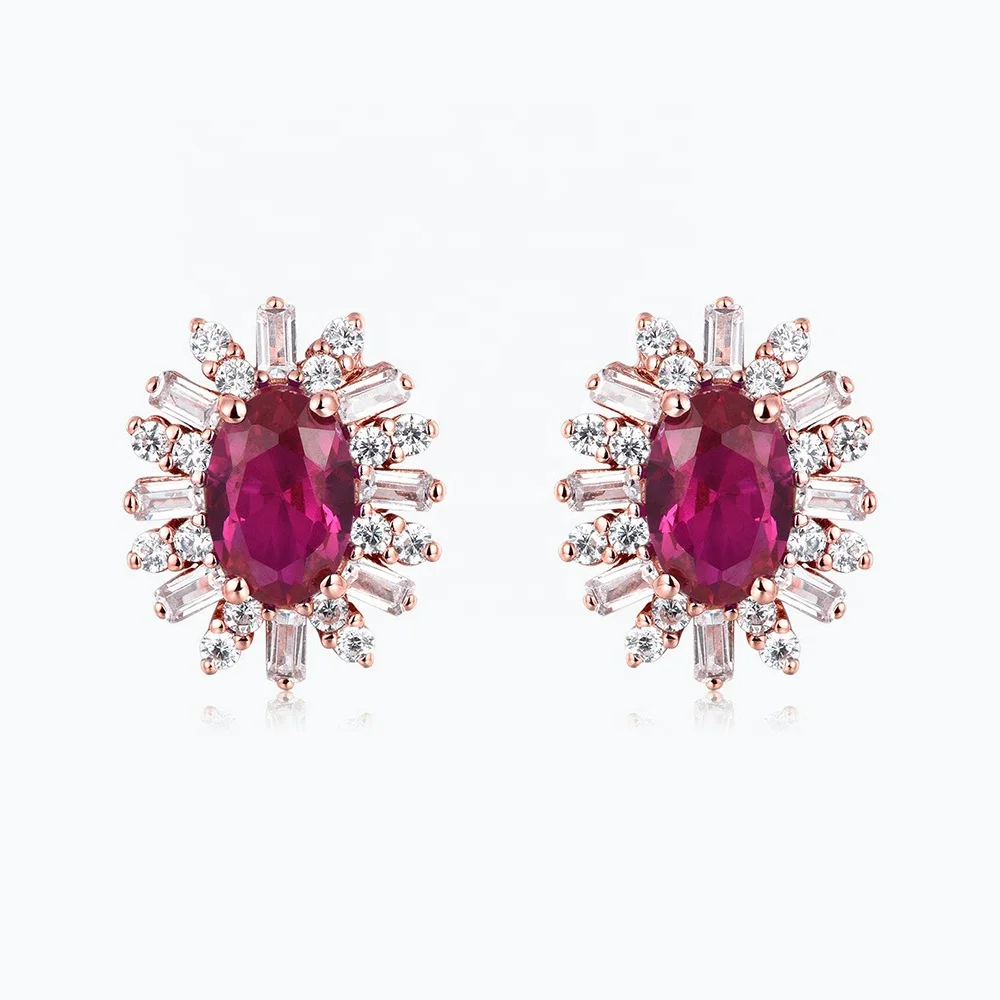 Elegant Oval Ruby Synthetic Corundum Earrings 925 Silver Synthetic Zircon Halo Women Earrings