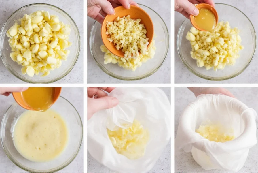 Step-by-step ginger juicing process showing peeled ginger root, grating, and squeezing through cheesecloth