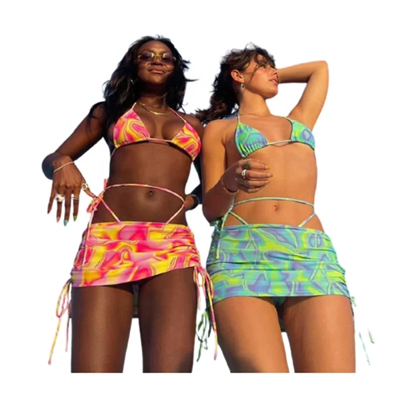 

2021 Hot Fashion Floral Print Drawstring Ruched Beach Bra 2 Piece Skirt Sets Sexy