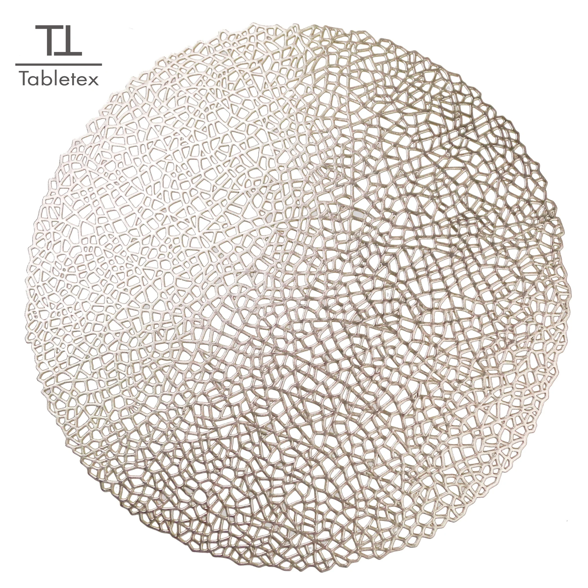 Tabletex 2020 NEW Arrival PVC Placemats Washable Place Mats Set of 6 Silver Hollow Round Table mats for Dining Table(Gold)