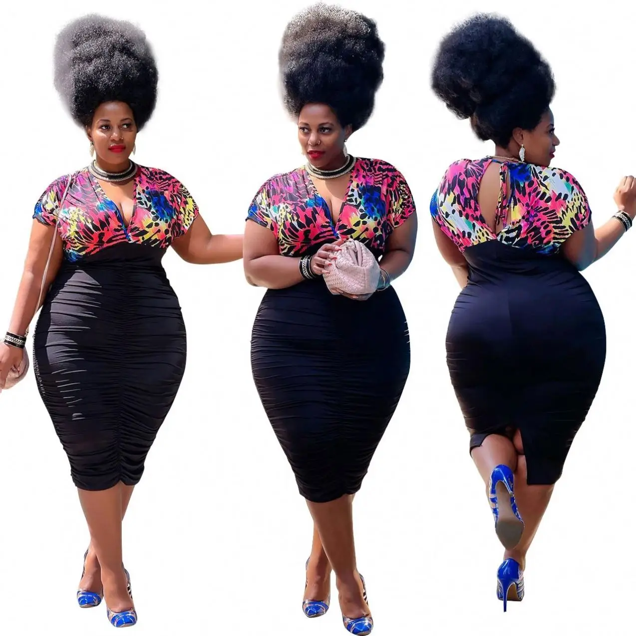 

MISS Hot Sale Summer V-Neck Plus Size Dress Patchwork Skirts Women Bodycon Prom Dress