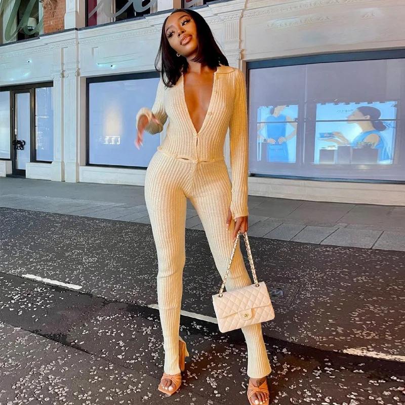 

Turn-down Collar Spring Fall Women Knit Sets 2 Piece Pants Set Long Sleeve Lounge Wear With Button Split Pant Two Piece Outfits