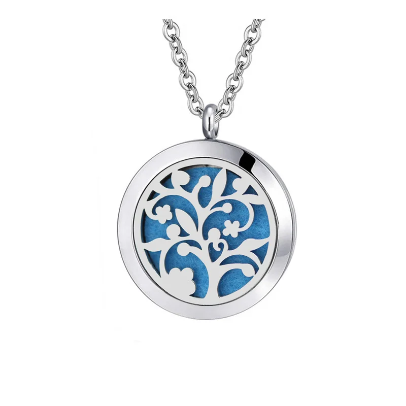 

Wholesale Tree of life design  Round Silver 316L stainless steel aroma essential oil diffuser necklace