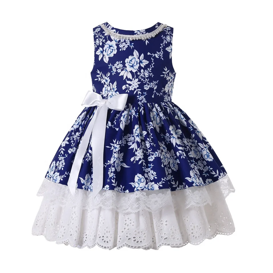 

Pettigirl High Quality Navy Blue Dress O-neck Girls Sleeveless Flower Dresses with White Ribbon Bow