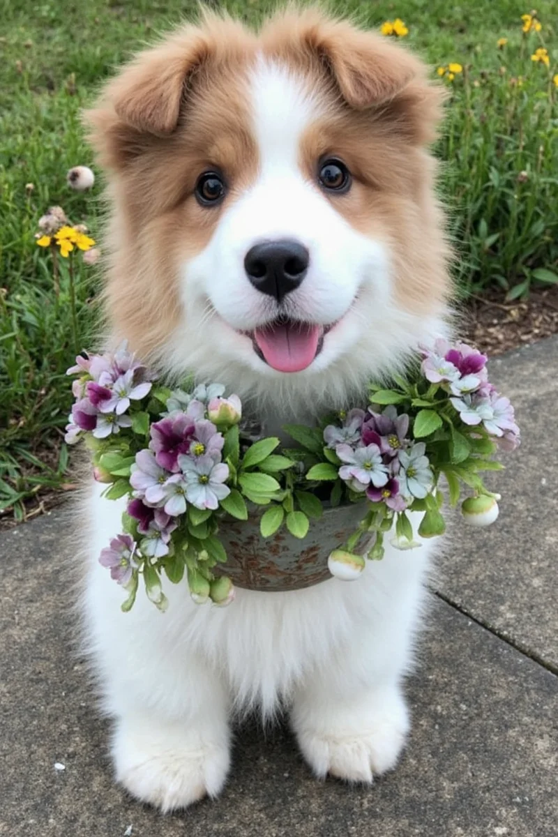 Outdoor garden with elevated dog-safe planters and a happy golden retriever lounging nearby