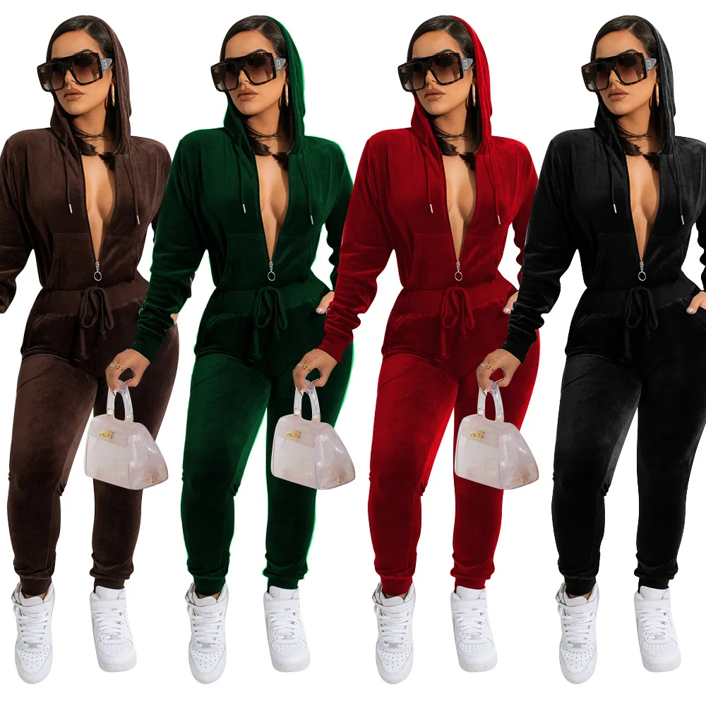 

Trending Long Sleeve Two Piece Set Tracksuit Casual Fall Winter Zipper Hoodie Velvet Sweatsuit Women, Picture color