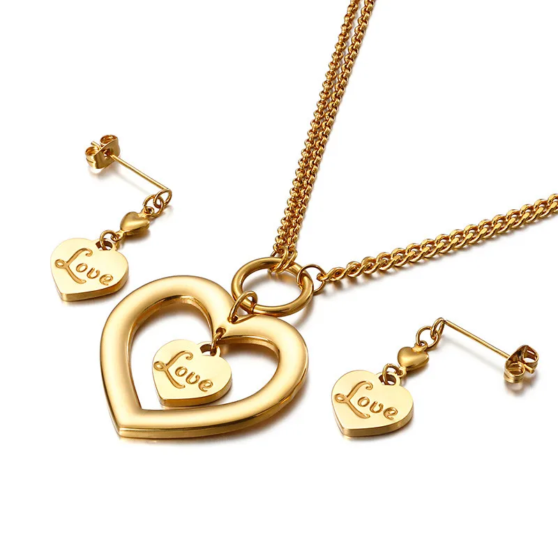

Qings Stylish Couple Chain Letter Love Engraving Heart Necklace Set Stainless Steel
