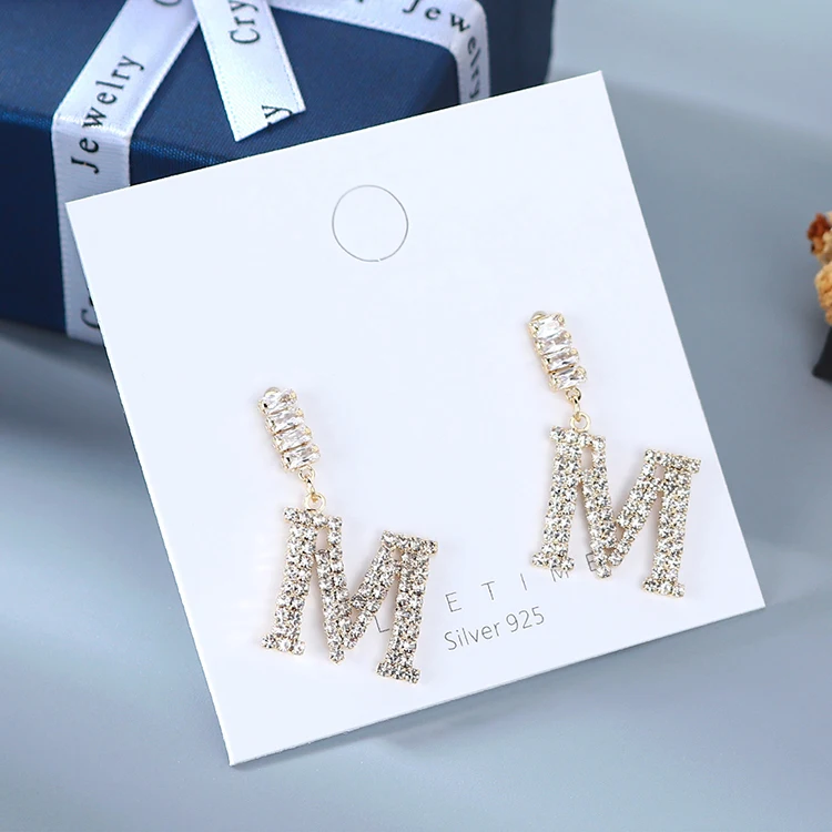 

Vintage Gold Plated CZ Cubic Zirconia M Letter Stud Earrings Rhinestone Crystal Letter Pendant Earring