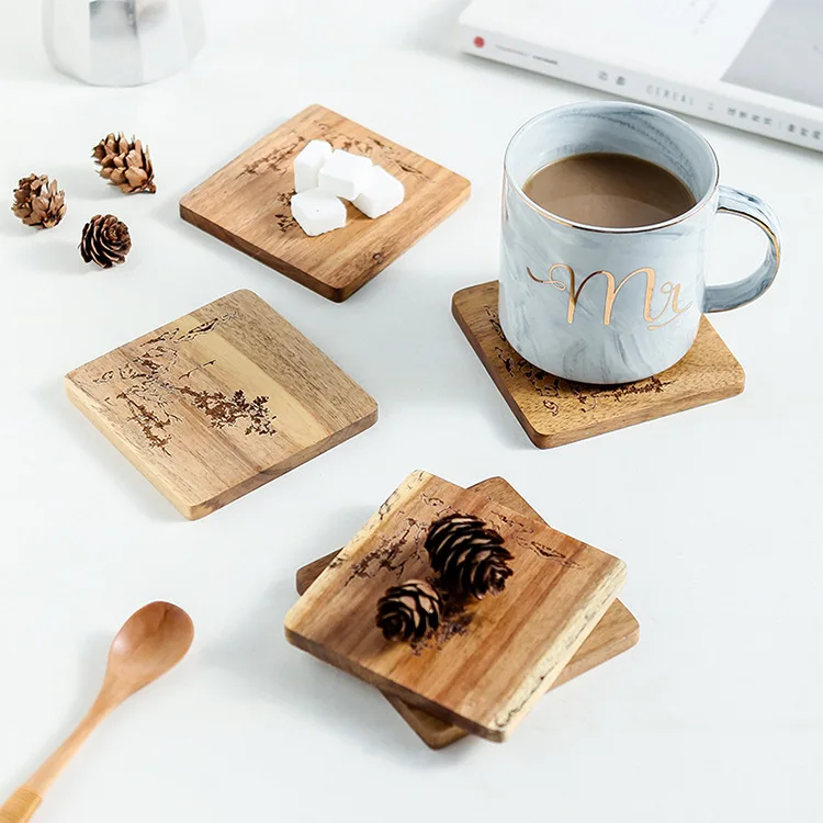 Diyue Wooden Homeware Diy208184 Set Of 4 Square Acacia Wood Drink