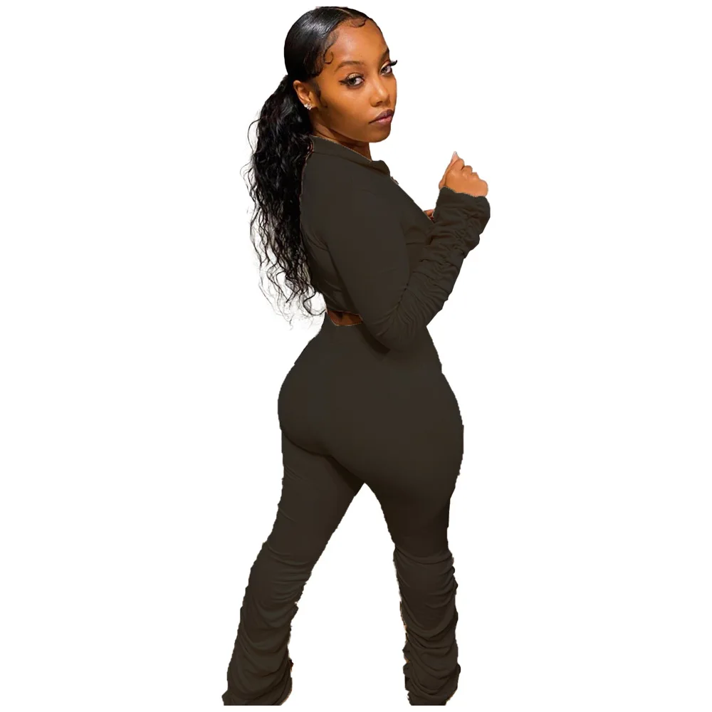 

New product ideas 2021 Apparel Clothing V Neck Solid Color Two Piece Outfits Ruched Long Sleeve Stacked Pants Set, Picture shows