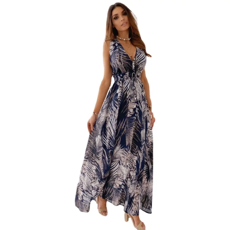 

2021 Summer Women's Casual Clothing Printed with Long Open Back Sleeveless Dress