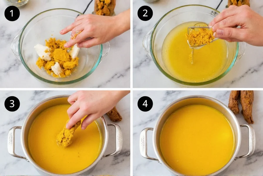 Step-by-step preparation of turmeric tea with fresh ingredients in kitchen setting