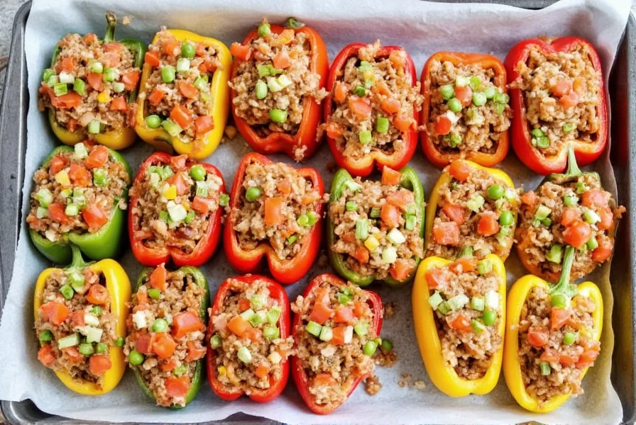 Variety of stuffed pepper variations including vegetarian, low-carb, and Mexican-style options arranged on baking sheet