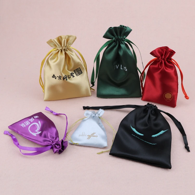 

High Quality Custom Silk Wig Package Hair Drawstring Satin Pouch Bag with Log, Customized color(blue,white ,black ,yellow ,green )