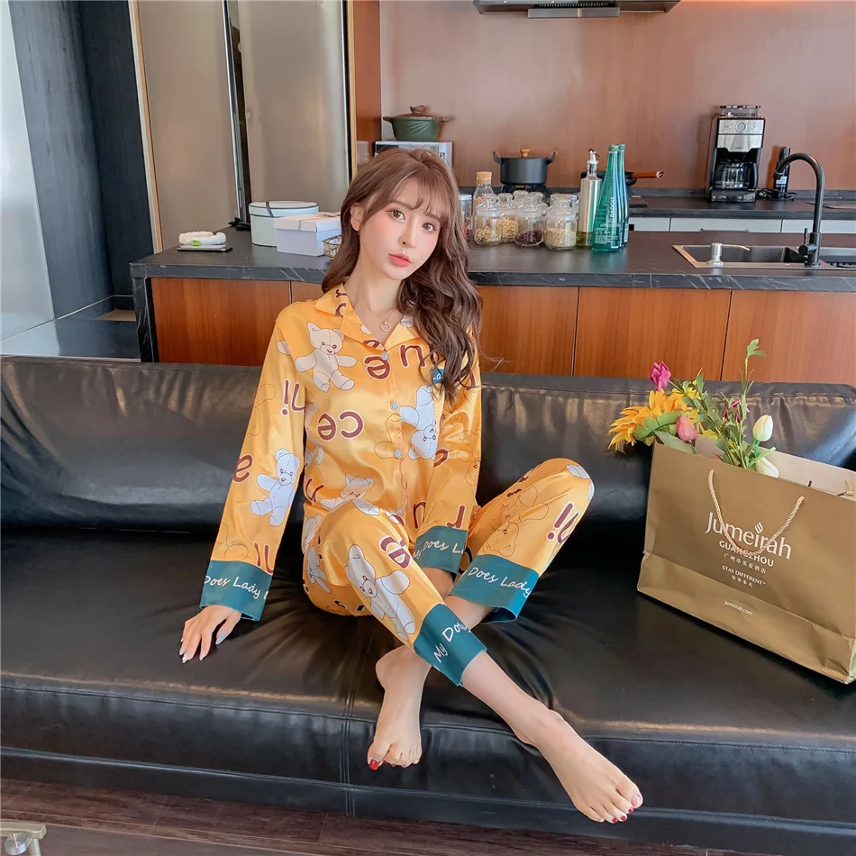 

Trendy Sleepwear Ropa De Dormir Shirts Luxury Nightwear Pijama De Marca Satin Silk Pyjama Designer Women Pajamas Two Piece Set