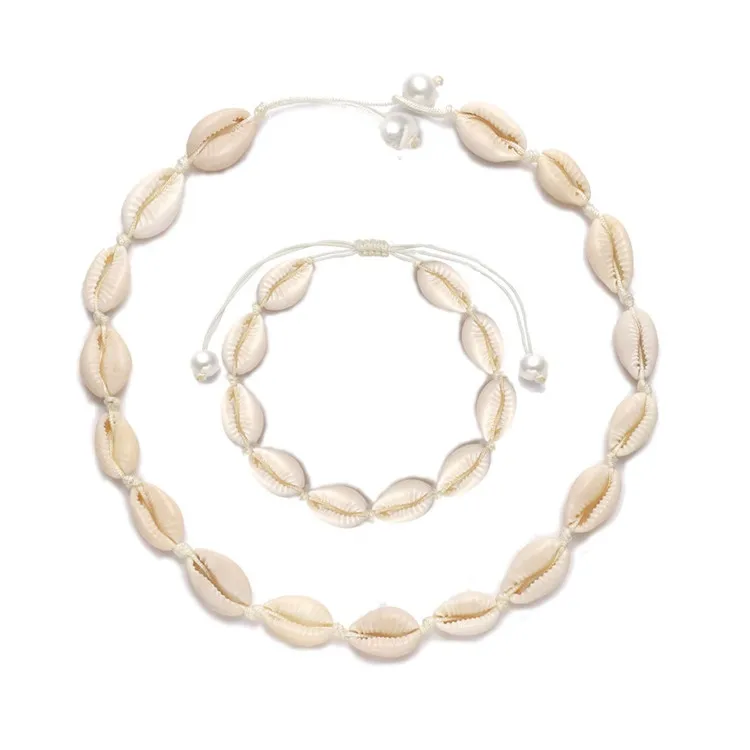 

2020 Summer Fashion Sea Shell Choker Necklace for Women Seashell Necklace Statement Adjustable Puka Shell Necklace Bracelets Set, White shell