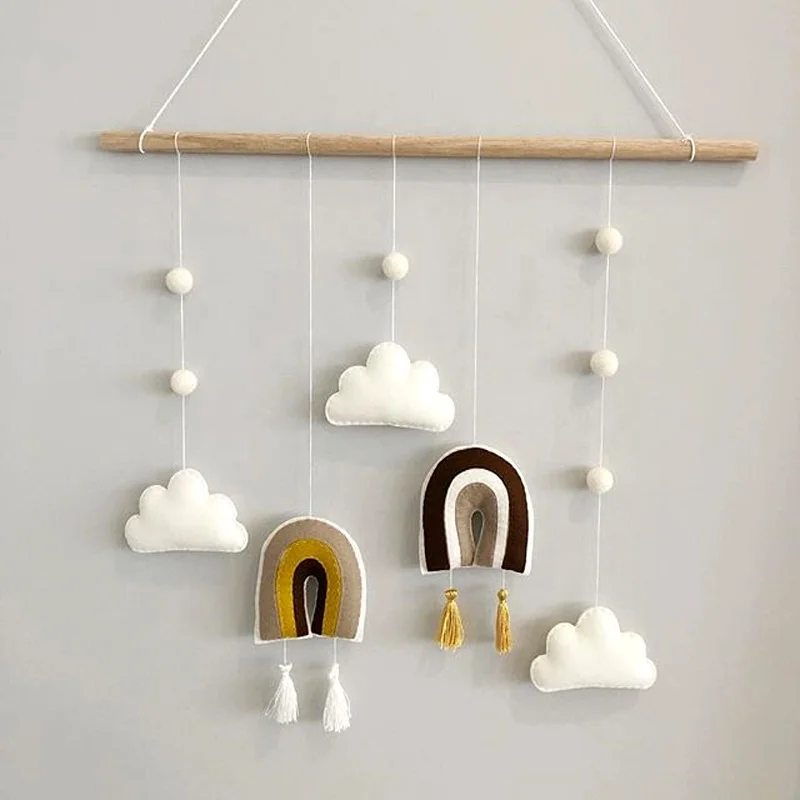 

Nordic Style Wooden Stick Wall Hanging Children Home Nursery Decor Tassels Macrame Rainbow Cloud Wool Felt Decor