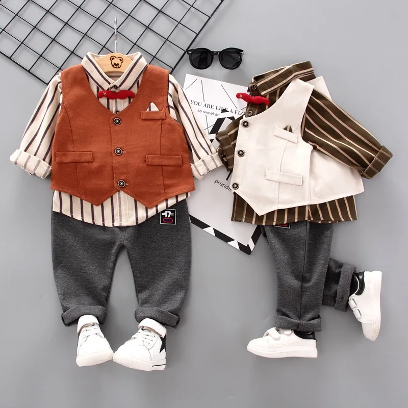 

Baby Boy Suit Outfits Set 3pcs,Infant Long Sleeve Gentleman Striped Shirt& Vest Coat & Long Pants, 2 colors