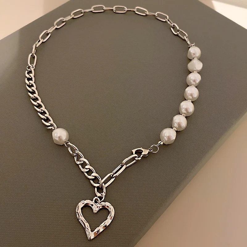 

trendy fashion pearl chain silver heart necklace women