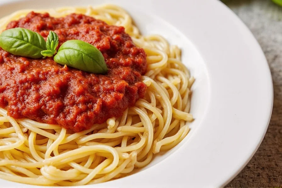 Pot of simmering spaghetti sauce with herbs floating inside