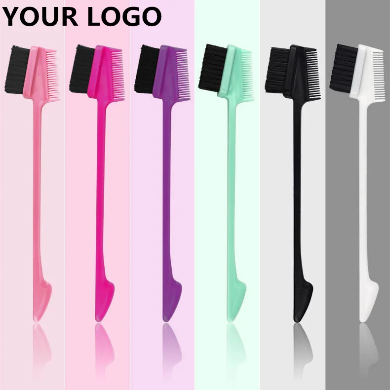 

new design custom logo 3 Sided edge control Double Comb Eyebrow 3 In 1 Rat Tail hair edge brush with logo, 8 colors