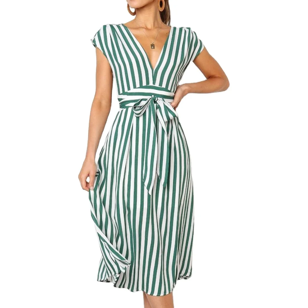 

Factory Outlet Spring/Summer 2020 Europe and America New Striped Print Short Sleeve Casual V-neck Lace Casual Dress, Shown