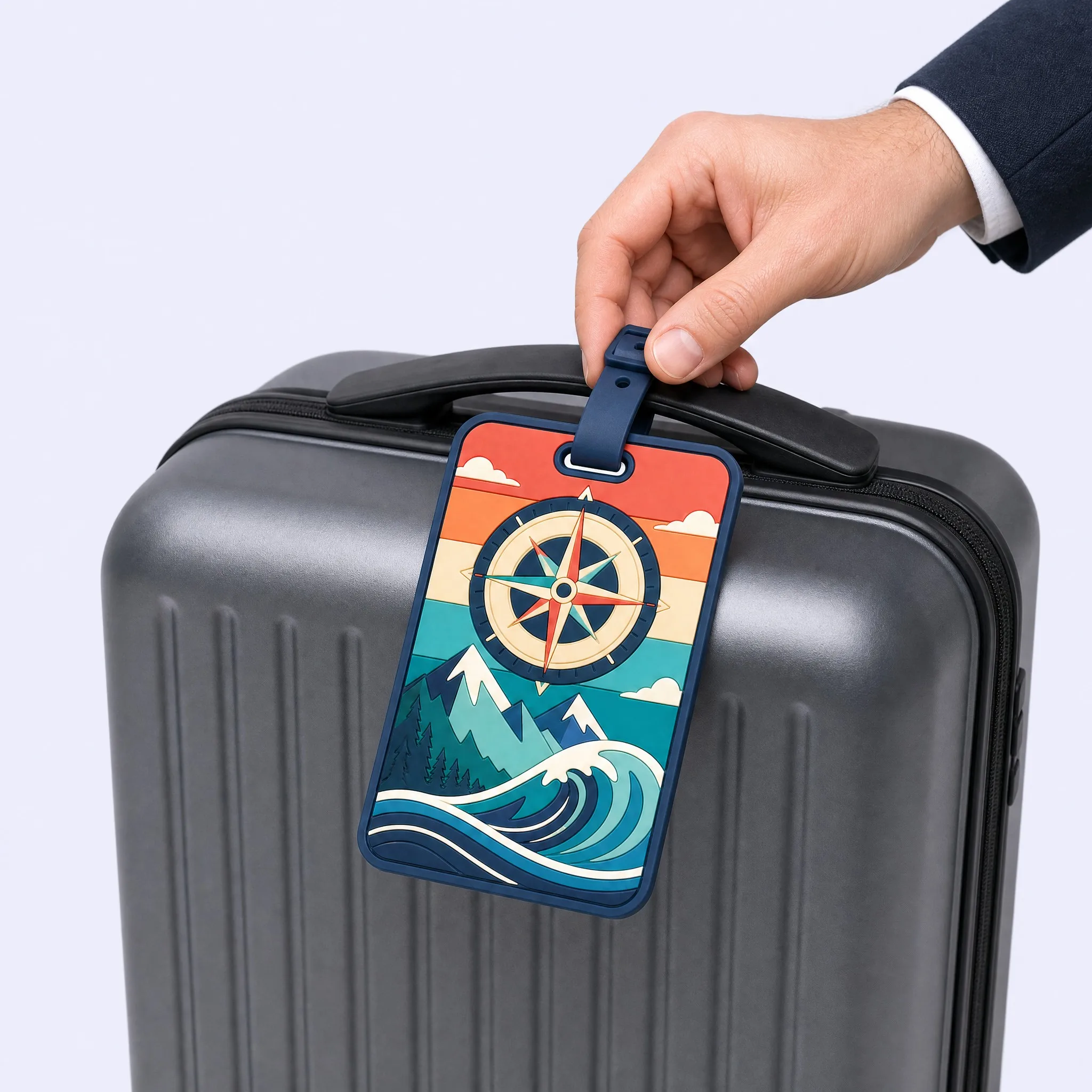 Custom 3D Soft PVC Luggage Tag Installed on Dark Grey Suitcase Handle Travel Context