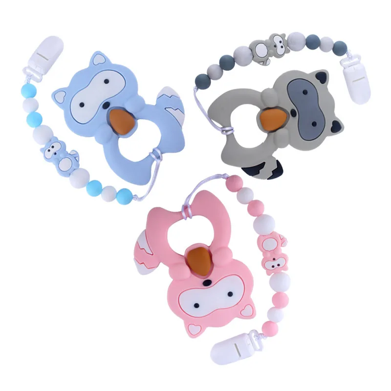 

Chewable Silicone Raccoon Teether Baby Teething Pacifier clip dummy chain holder silicone pacifier clip