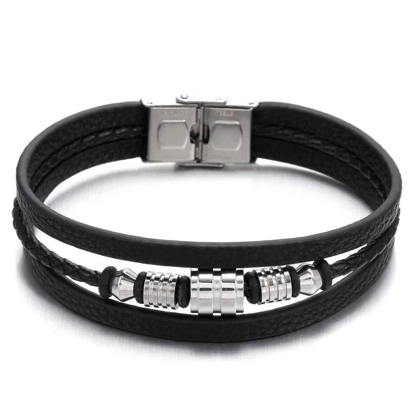 

Three Layer Simple Cowhide Bracelet Leather bracelet 316L Stainless Steel Magnetic Buckle Wide True Belt Stainless Steel Fitting, Black