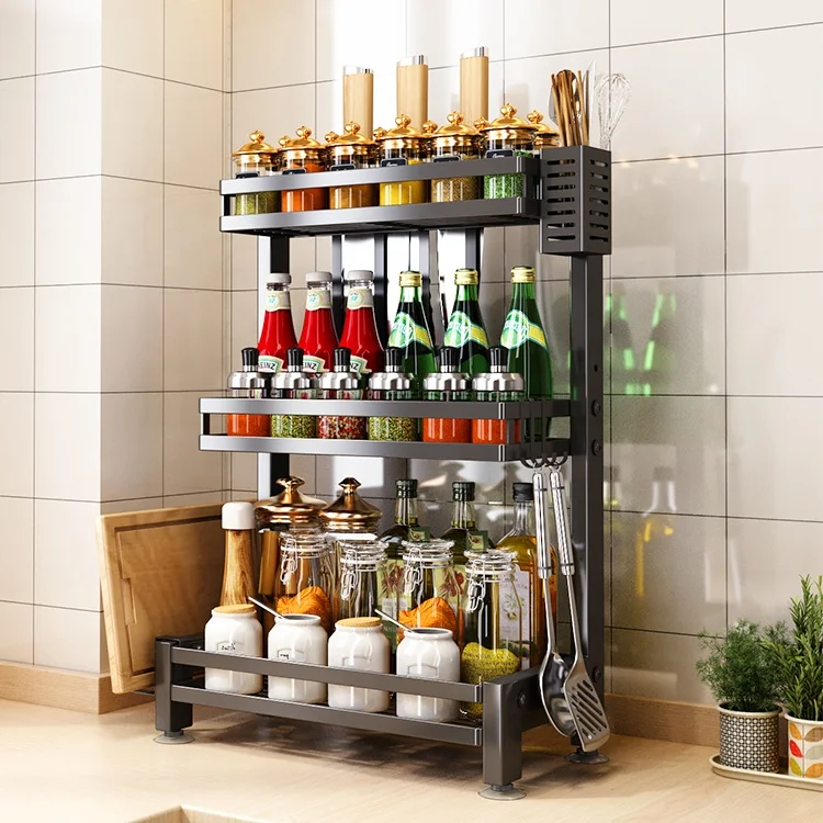 

Metal Stainless Steel Spice Organizer Kitchen Spice Rack Countertop Jar Storage Rack, Black