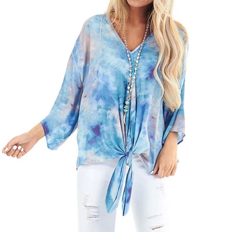 

Wholesale Women Fashion Tie Dye V Neck Full Sleeve Loose Top, As shown
