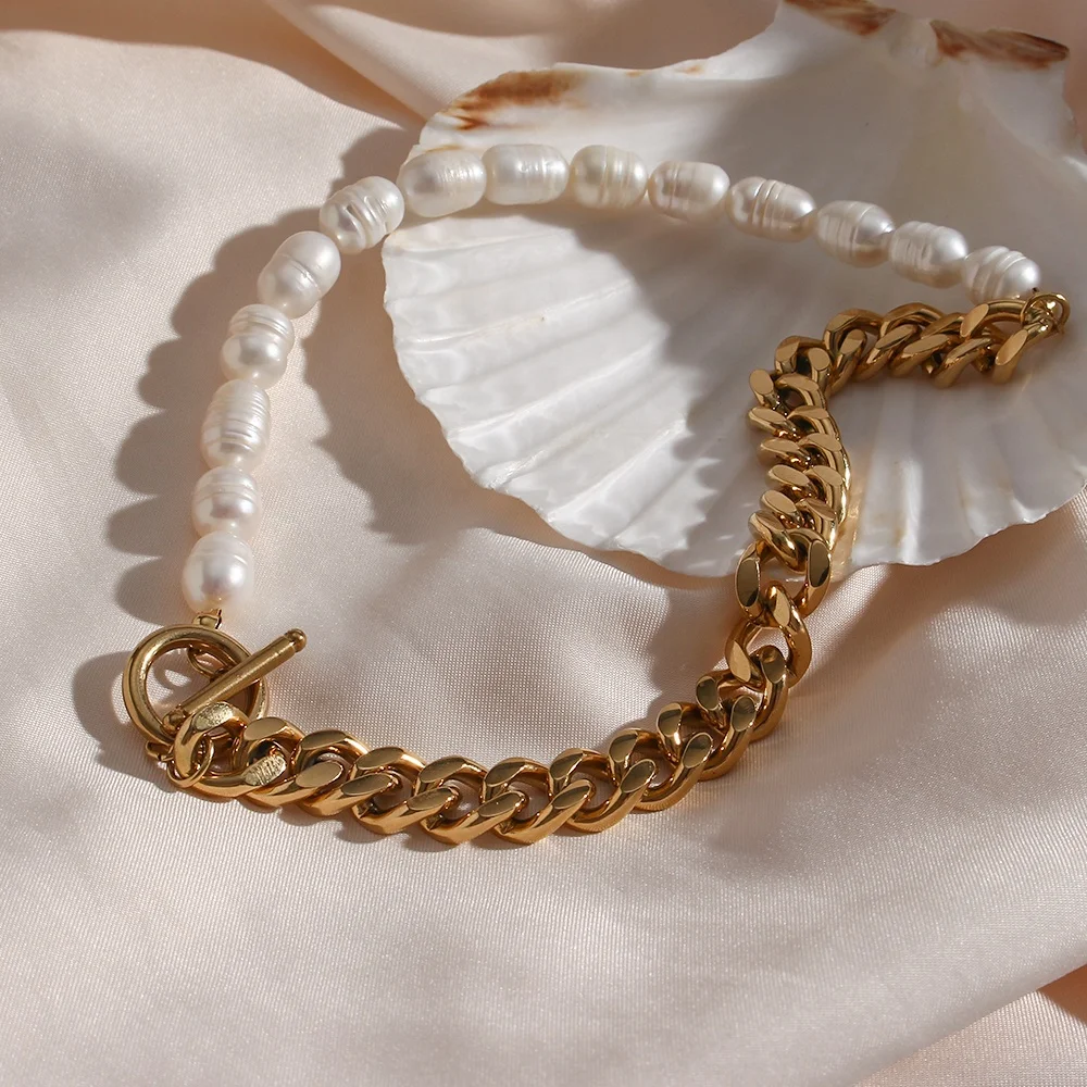 

Designer OT Clasp Freshwater Pearl & Chunky Cuban Chain Mixed Stainless Steel Necklace, 18k gold