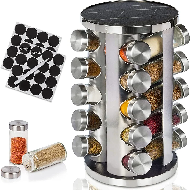 

With 20 Jars Rotating Standing Spice Rack Organizer Turn Rotating Spice Rack Set, Marble color