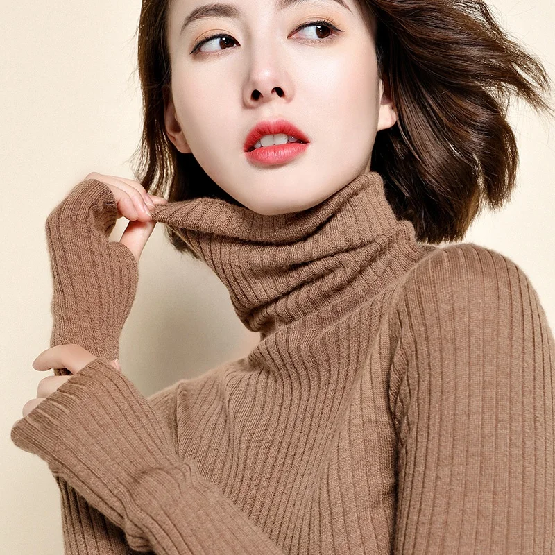 

Plus Size 2020 New Fashion Warm Knitwear Turtleneck Striped Casual Knitted Tops Solid Color Soft Tight Women's Pullover Sweater, Solid color as shown
