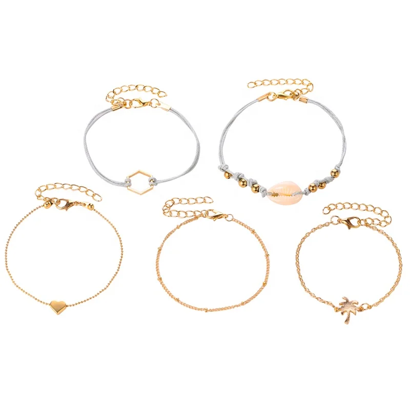 

PUSHIFashion hand-woven hand-decorated heart shell coconut palm five-piece bracelet hot style lady set tennis bracelet